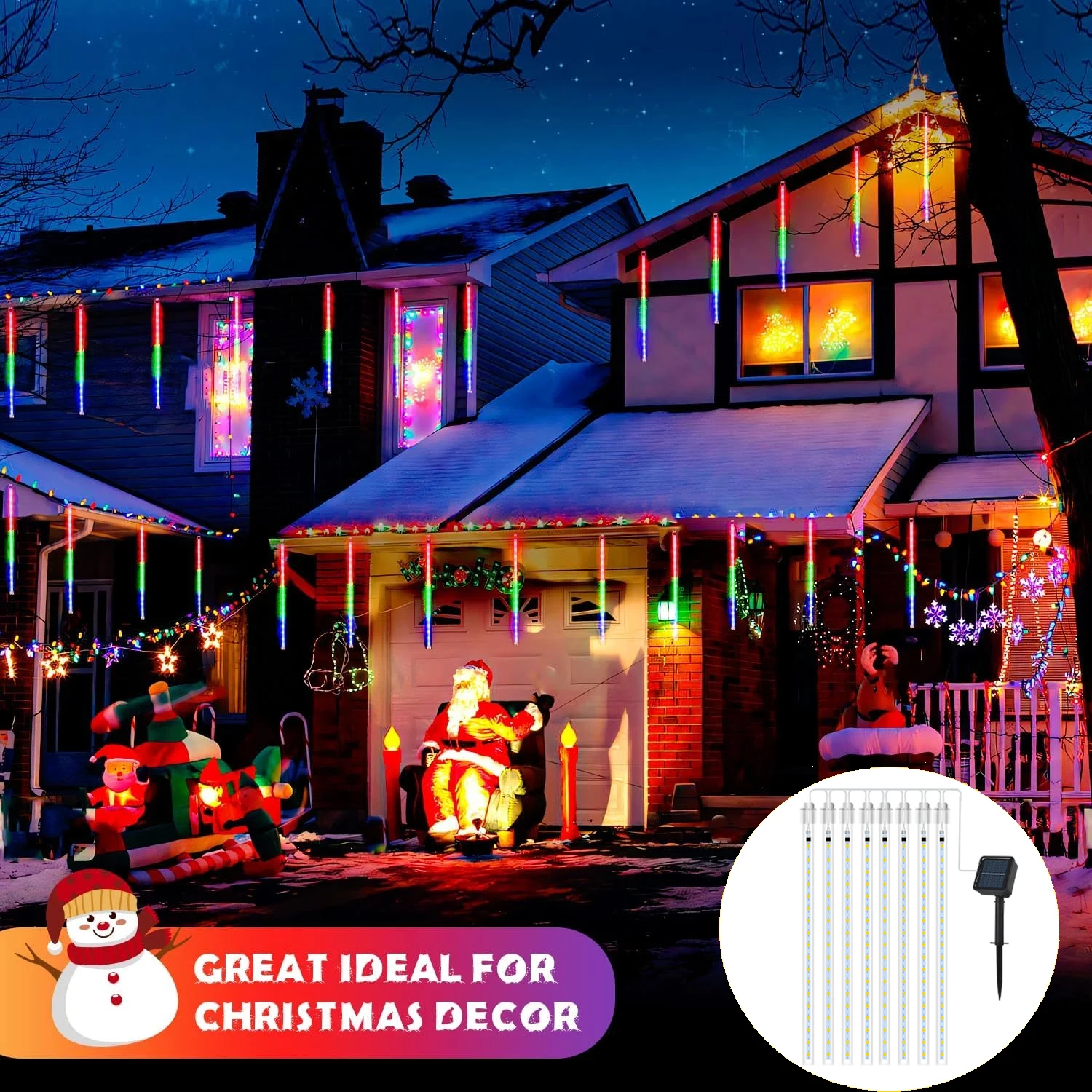 2pcs Christmas Light Outdoor Solar Meteor Shower Lights String 50cm 8 Tube Hanging Decoration Lamp for Christmas Holiday Garden
