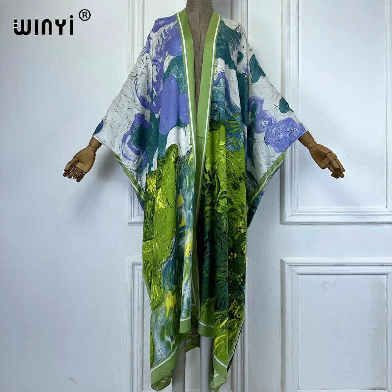 WINYI fashion print Kimono loose Cardigan beach outfits women kaftan bikinis cover up evening dress long down coat party dresses