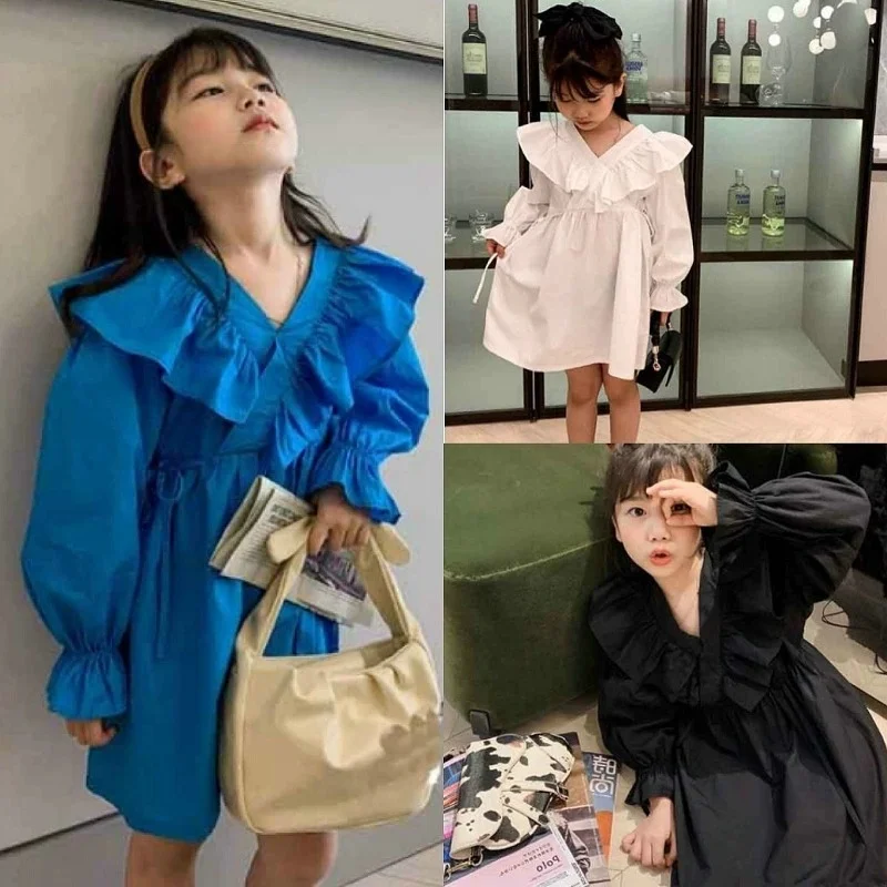 

Spring Autumn Girls' Dress Temperament Costumes Pure Color Stitching Long-Sleeved Princess Dress Baby Kids Children'S Clothing