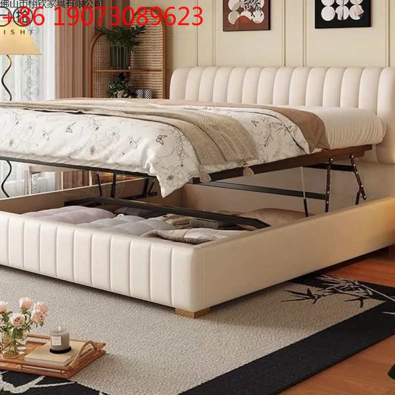 

Современная простая кровать из кожи класса люкс для двуспальной спальни с выдвижным хранилищем, многофункциональная, с мягким изголовьем