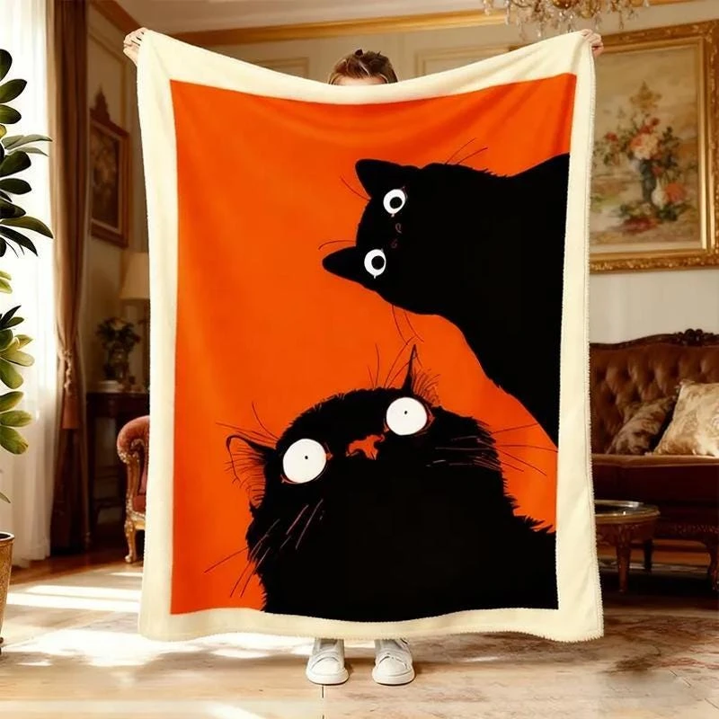 Cartoon Black Cat Fleece Blanket Orange Background Soft Plush Fabric for Sofa Bedroom Kids Warm Cute Cozy Stylish Household Rest