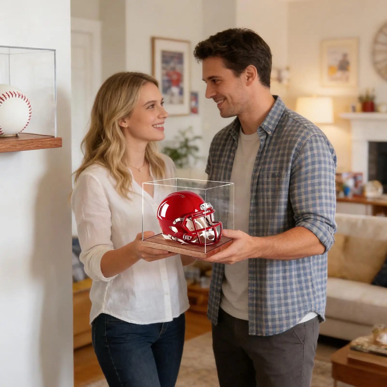 

Football Helmet Case Clear Box With Wooden Stand Baseball Helmet Display Case For Sports Collectibles Baseball Hockey Basketball