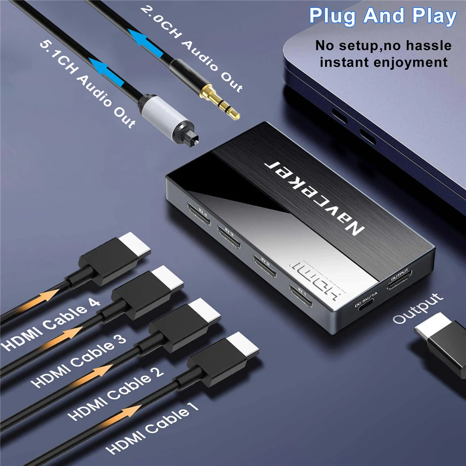 Mini 4x1 4K przełącznik HDMI Audio z łukiem i optycznym przełącznikiem Toslink HDMI 2.0 4K 60Hz pilot przełącznik HDMI er do Apple TV PS4 — zdjęcie produktu 3