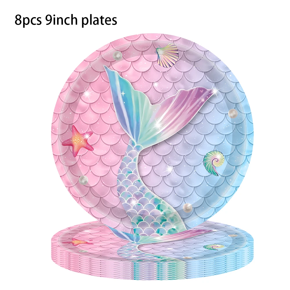 Mermaid Disposable Tableware set Little Mermaid Paper Plates Cup Napkin Mermaid Tablecloth Sea Mermaid birthday Party Decoration