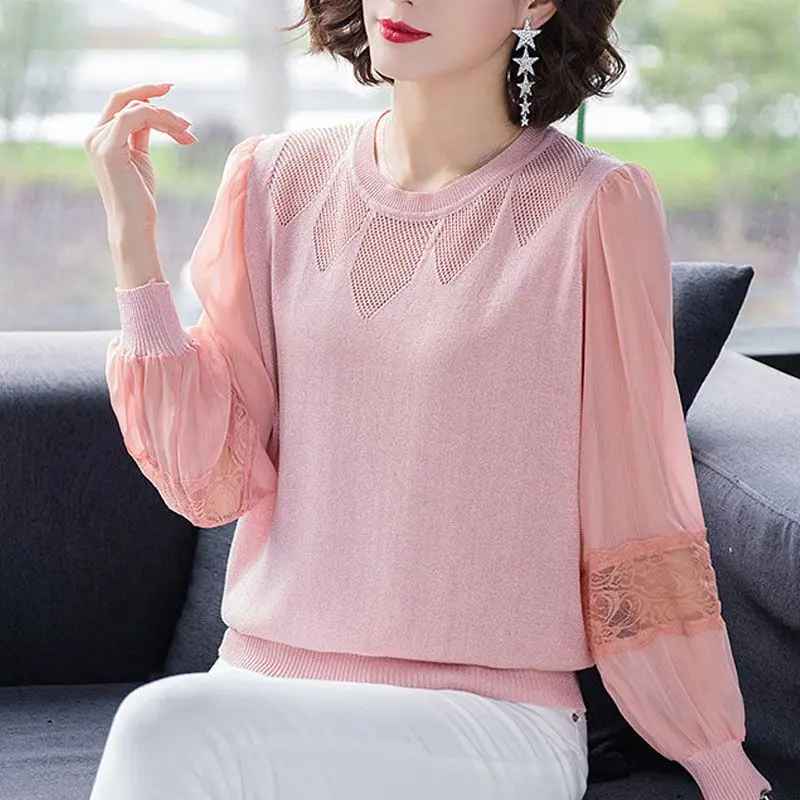 New Net Yarn Bottoming Shirt Ladies Spring Autumn O-neck Lace Top Tee Thin Modna luźna wewnętrzna koszulka z długim rękawem