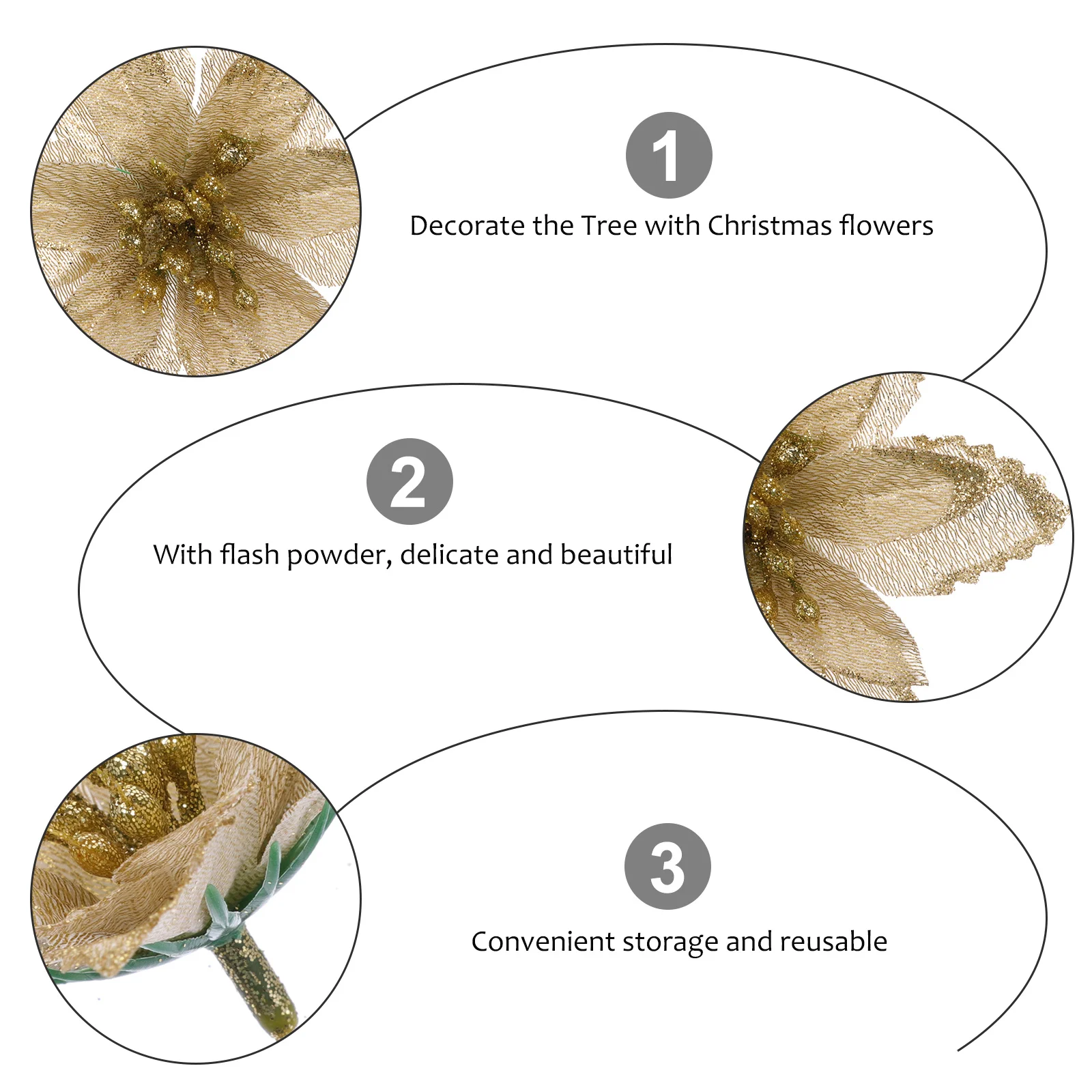 

24 pcs Christmas Flower Decorations Simulated Flowers For Xmas Tree Glitter Adornments Golden Festive Decor Supplies