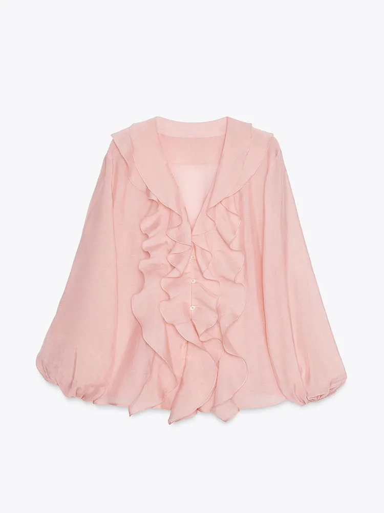 

Faionable V-Ne Long Sve irt Women's Autumn New Arrival Layered Decorative Ele Sle Commute Loose Fit Pure Color