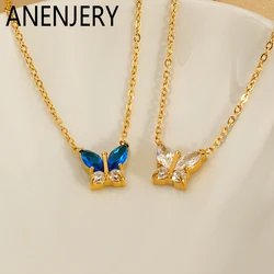 ANENJERY 316L Stainless Steel Butterfly Heart White Blue Zircon Necklace for Women Girls Kids Niche Delicate Simple Jewelry Gift