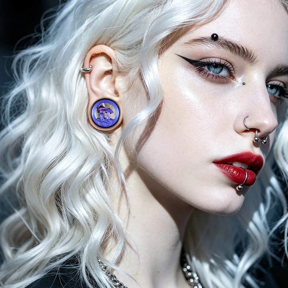 Vankula 2Pc Stainless Steel Hypoallergenic Gradient 3D Mushroom Ear Tunnel Plugs, Ear Gauges Stretcher, Trippy Psychedelic