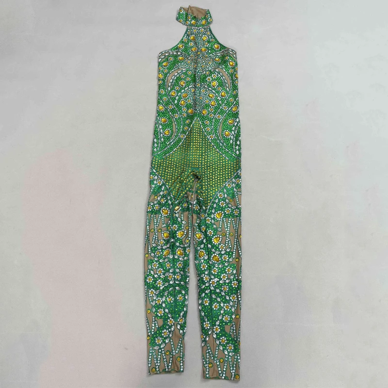 Combinaison sans manches avec strass verts pour femmes, tenue de Festival sur scène de chanteur, discothèque Dj Ds, vêtements de pôle danse, Costume Gogo XS9664