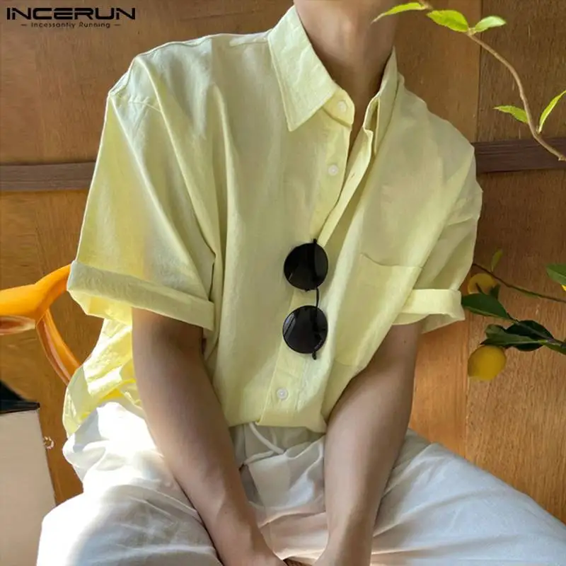 

INCERUN Tops 2024 Korean Style Men Solid All-match Shirt Summer Male Casual Streetwear Hot Sale Short Sleeved Lapel Blouse S-5XL