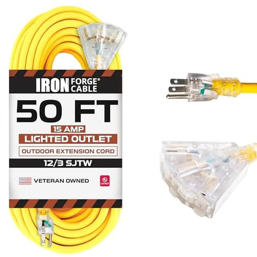 50ft Lighted Outdoor Extension Cord 3 Power Outlets Heavy Duty Yellow 12/3 SJTW Weatherproof Flexible Iron Forge Cable Outdoor