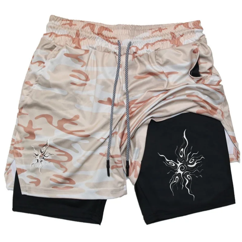 Hip-hop Sun Design Pattern Loose Shorts Men American Y2K Harajuku Oversized Versatile  2 in 1 Running Workout Shorts