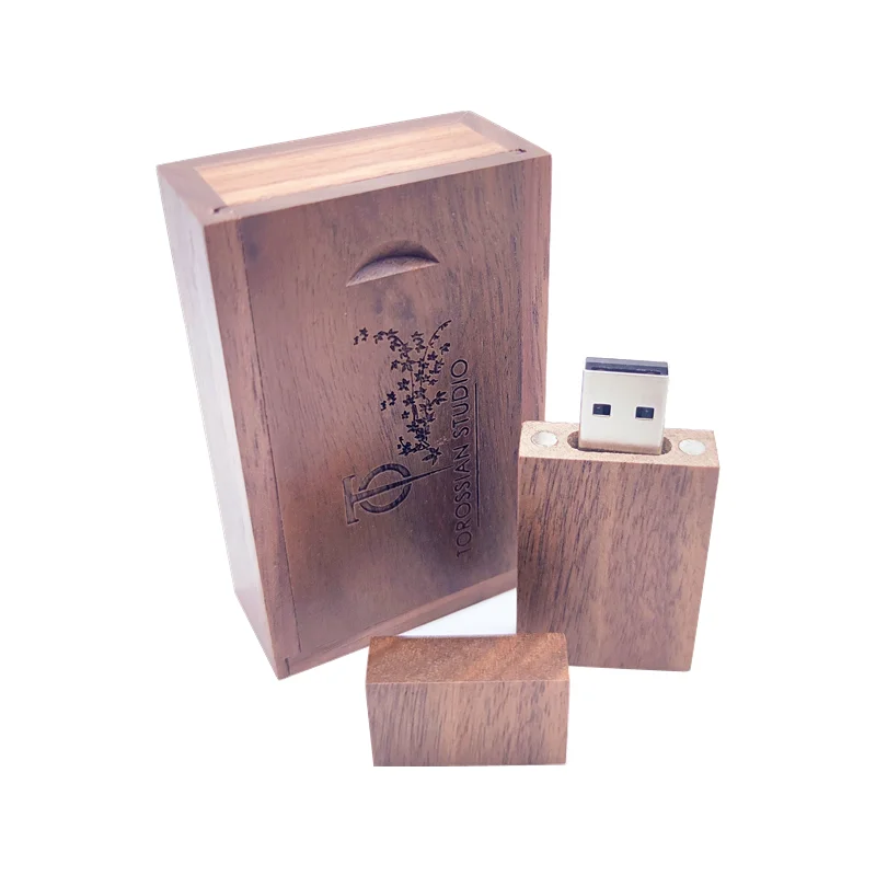 1pcs Free Custom LOGO Walnut Wooden Wood USB 2.0 Interface Memory Flash stick Pen drive With Walnut Box