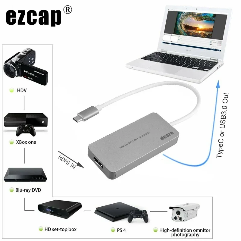 

HDMI To Type C USB 3.0 HD Game Capture Card 1080P 60fps for PS3 PS4 Xbox Switch Phone PC Video Recording, Live Streaming Device