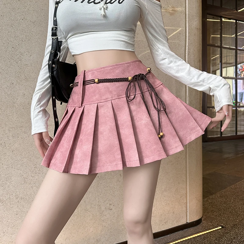 Femmes coréennes marron gris Sexy taille haute en cuir Pu jupe courte automne hiver rose élégant Style Preppy plissé Mini jupe à la mode