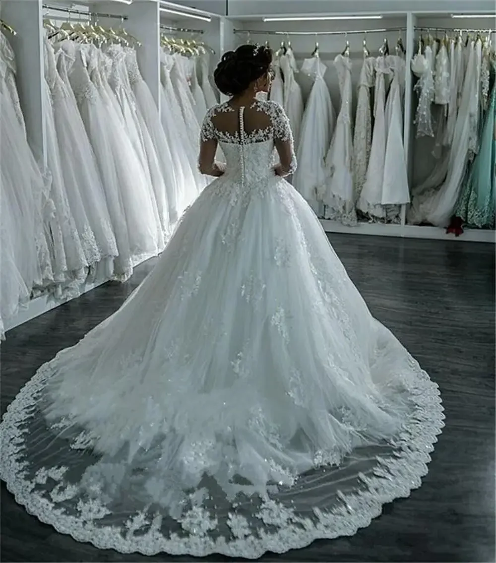 Vestidos De Novia elegantes De manga larga personalizados De Dubái, vestidos De Novia transparentes con cuello redondo y Apliques De encaje con cuentas, vestidos De Novia