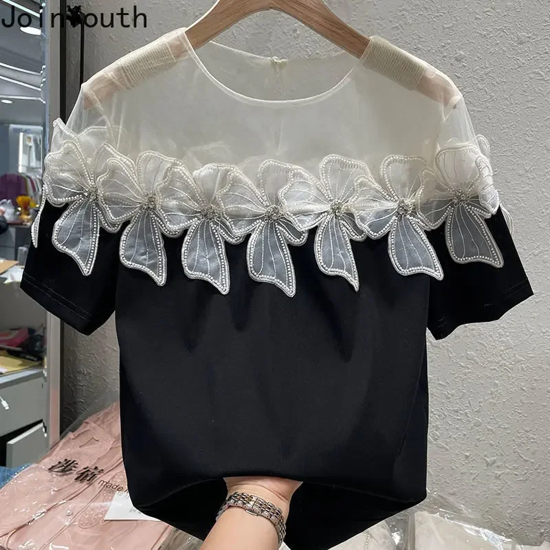 2023 Ropa Mujer Summer Tshirts for Women Elegant Blouses Short Sleeve Tees Patchwork Gauze Bead T Shirt Vintage Oversized Tops