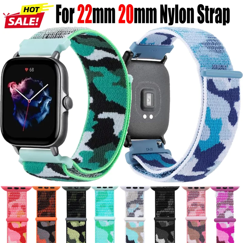 20mm 22mm Nylon Loop Strap For Amazfit GTS 4/3 Huawei Watch GT5-4-3-5 Pro 46mm Camouflage Band For Samsung Watch 5 4 Accessories