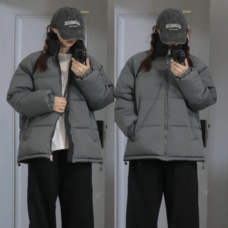 

Mens Outdoor Warm Cotton-padded Jacket Warm Windproof Coat Stand-up Collar Color-blocking Bread Coat Couple Cotton-padded Jacket