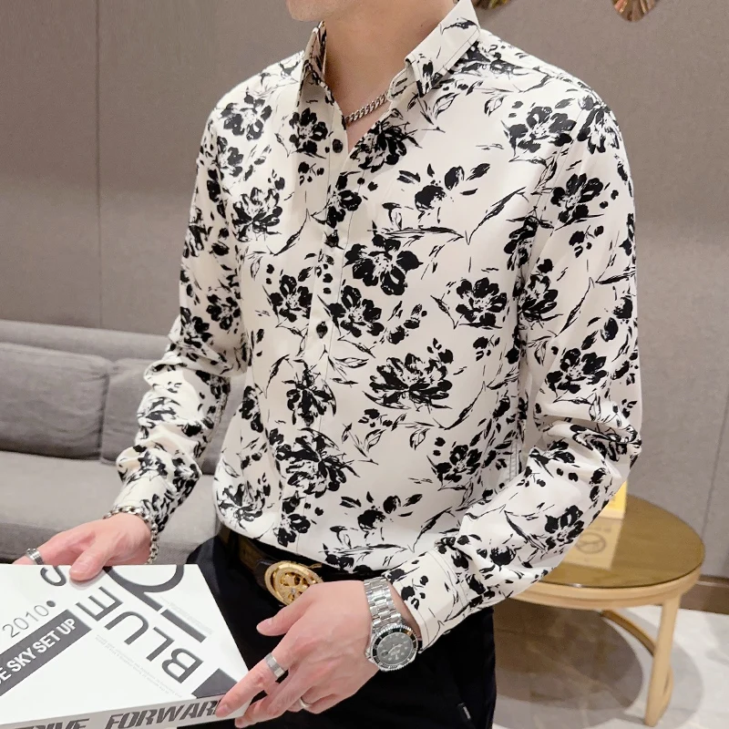 2023 Autumn Flower Shirts Men Fashion Slim Fit Long Sleeve Casual Shirts Business Formal Dress Shirts Social Nightclub Clothing