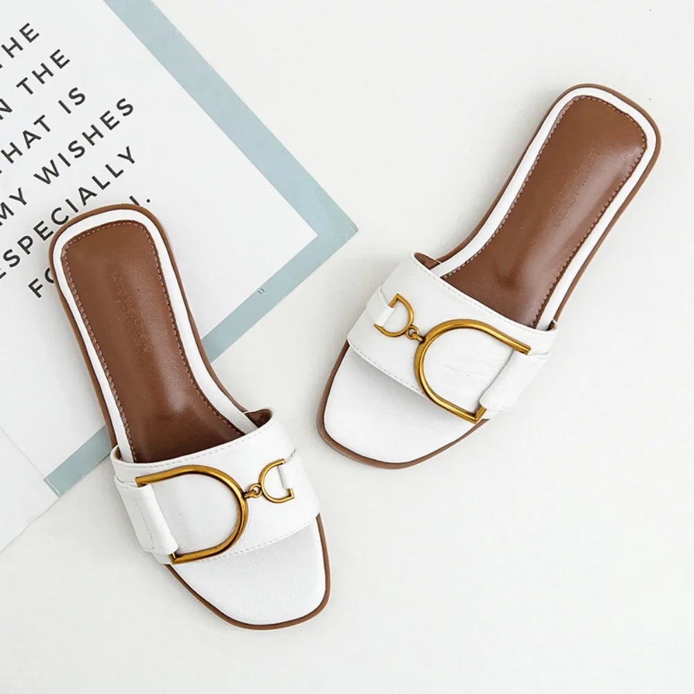 Women's Flat Slippers Summer Leather Square Toe Women Flats Flip Flops Designer Ladies Slides Sandals Women Shoes Luxury Sandals