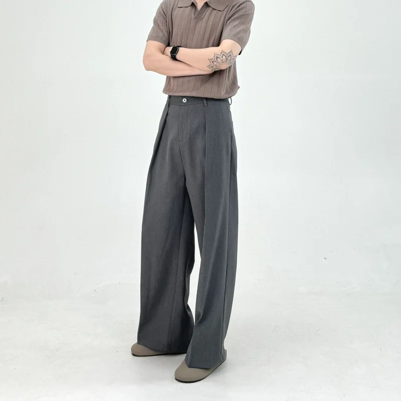 Basic Pleated A-shaped Casual Wide-leg Drape Loose Trousers Commuting Breathable High-waisted Straight Trousers Men
