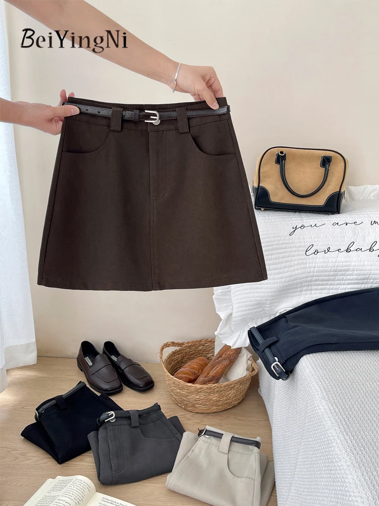 Beiyingni Koreańskie Eleganckie Krótkie Spódnice Damskie Casualowe Wyszczuplające Eleganckie Spódnice z Wysokim Stanem w Kształcie Litery A Uniwersalne Spódnice Garniturowe Damskie na Rok 2025