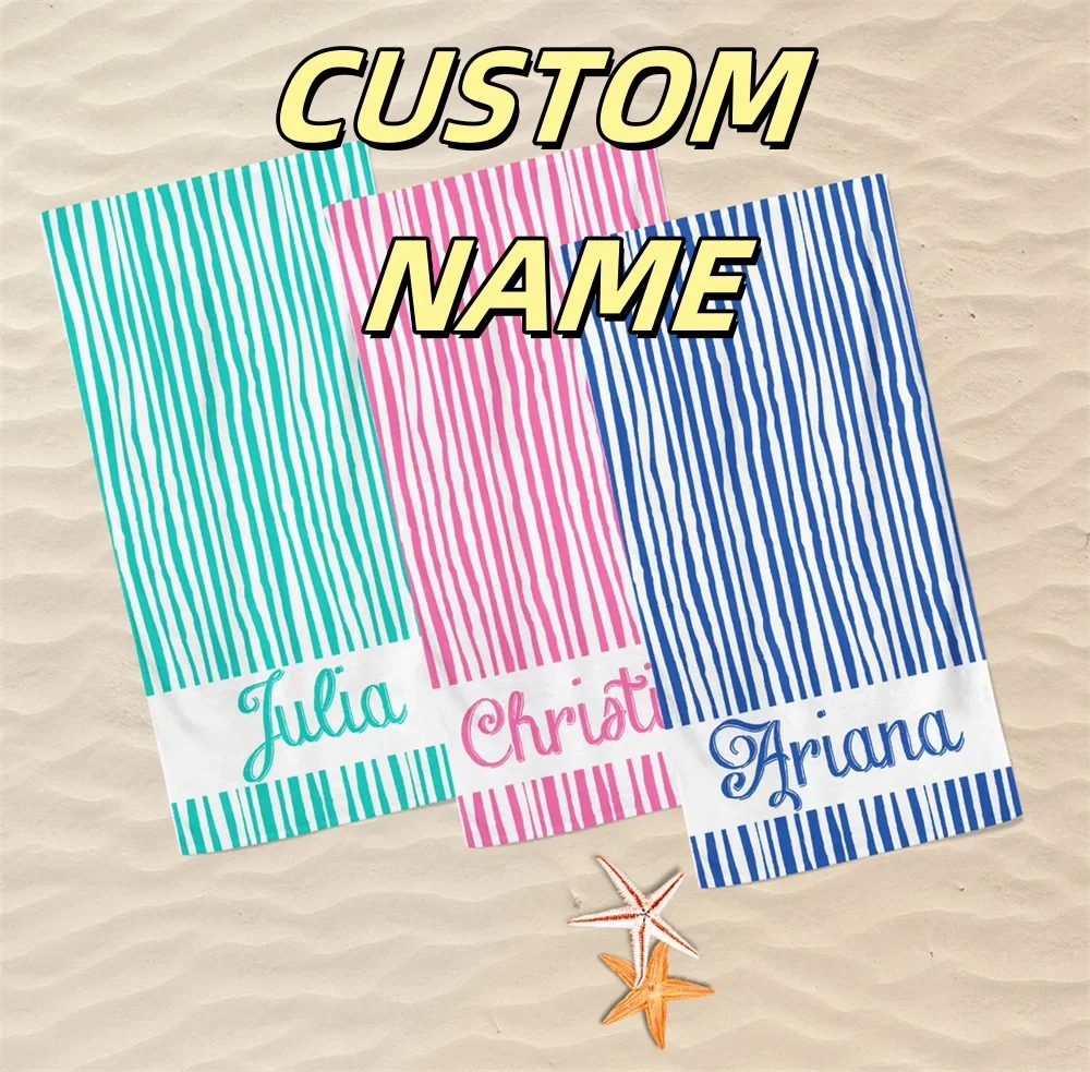 

Extra Large Striped Custom Name Beach Towel Personalized Microfiber Pool Swim Bath Towel Vacation Birthday Gift For Kids Adults