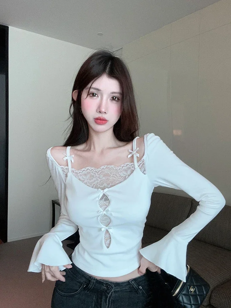 Autumn Long Sleeve Women T Shirt Y2K Streetwear Sexy Lace Patchwork Slim Crop Top Female Fashion Fake 2 Pieces White Tees