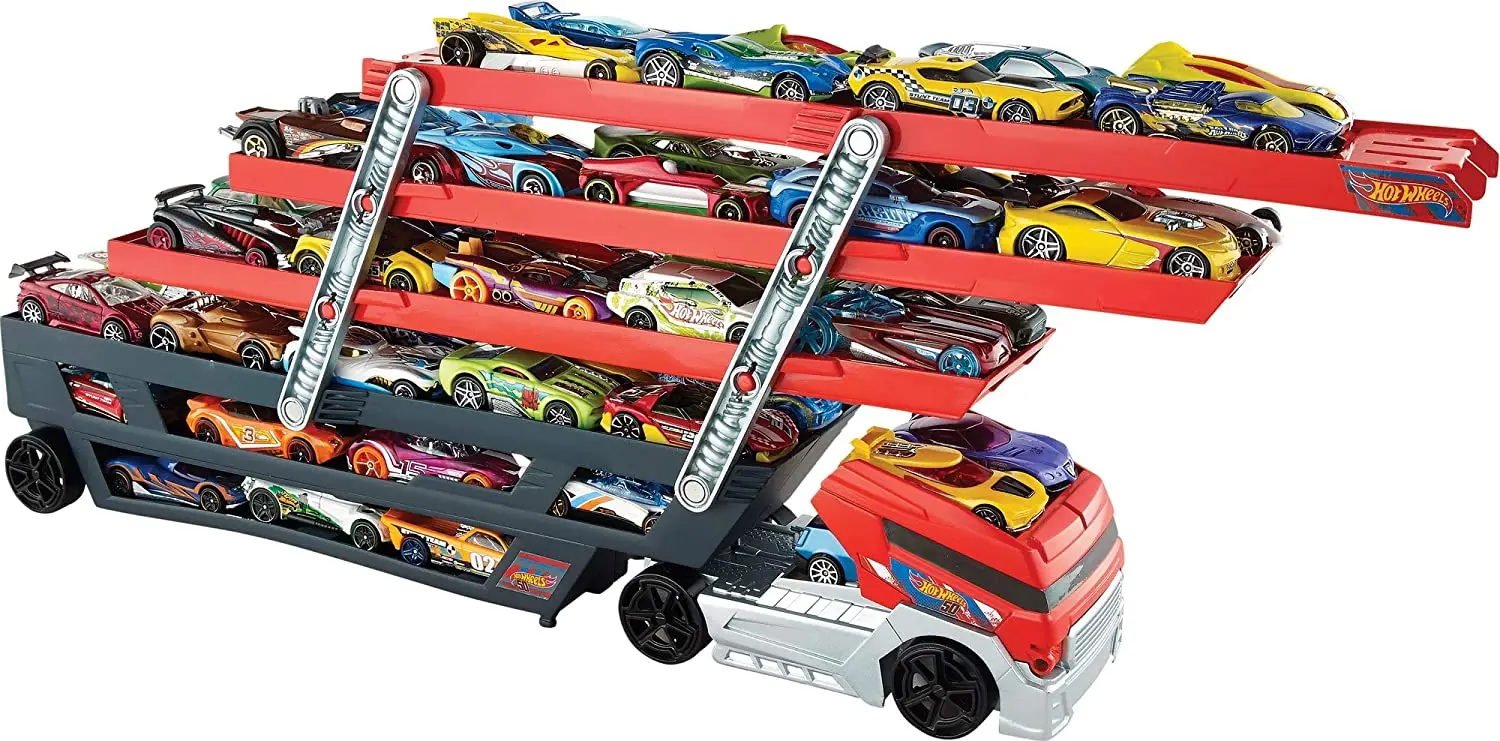 Original Hot Wheels Car HW City Mega Hauler Truck Semi Holds 50 Diecast 1/64 Toy Car Educational Kid Boys Toys for Children Gift