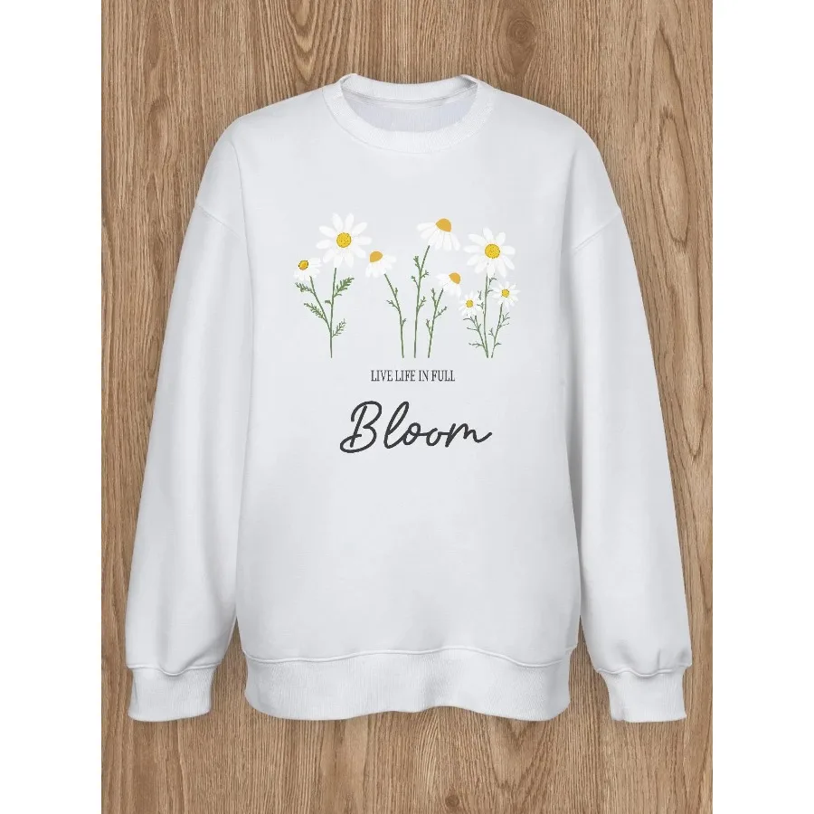 Women Basic Casual Pullover Long Sleeve Daisy Print Round Neck Spring Autumn