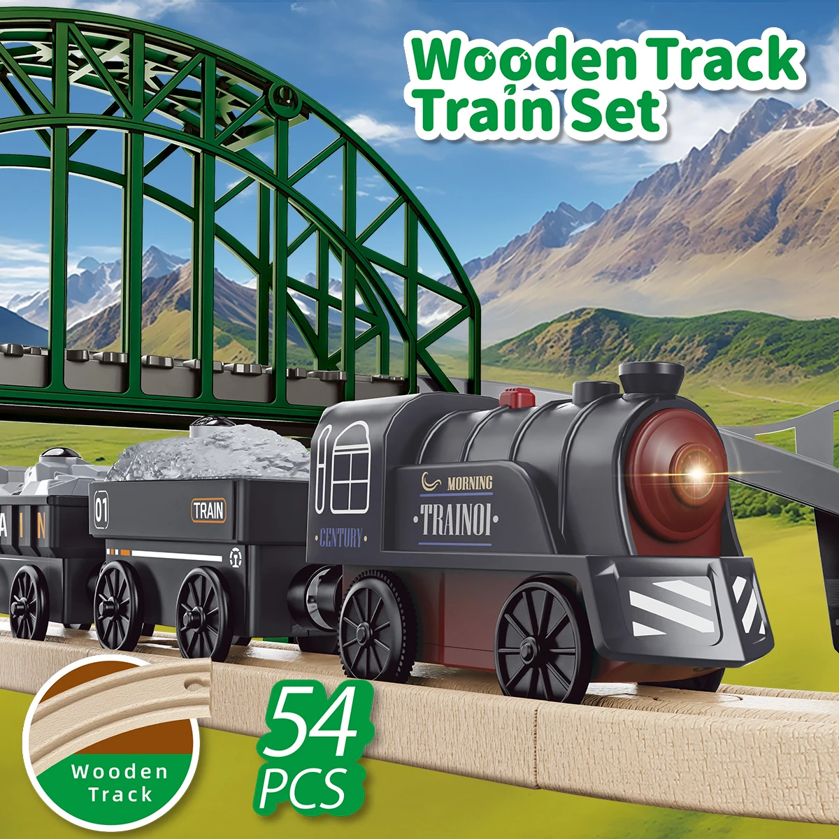 

Train Toys Set for Kids with 5 pcs vehicle toys, Magnetic Train, Wooden Tracks, Ideal Christmas Gift for Boys & Girls Ages 3+