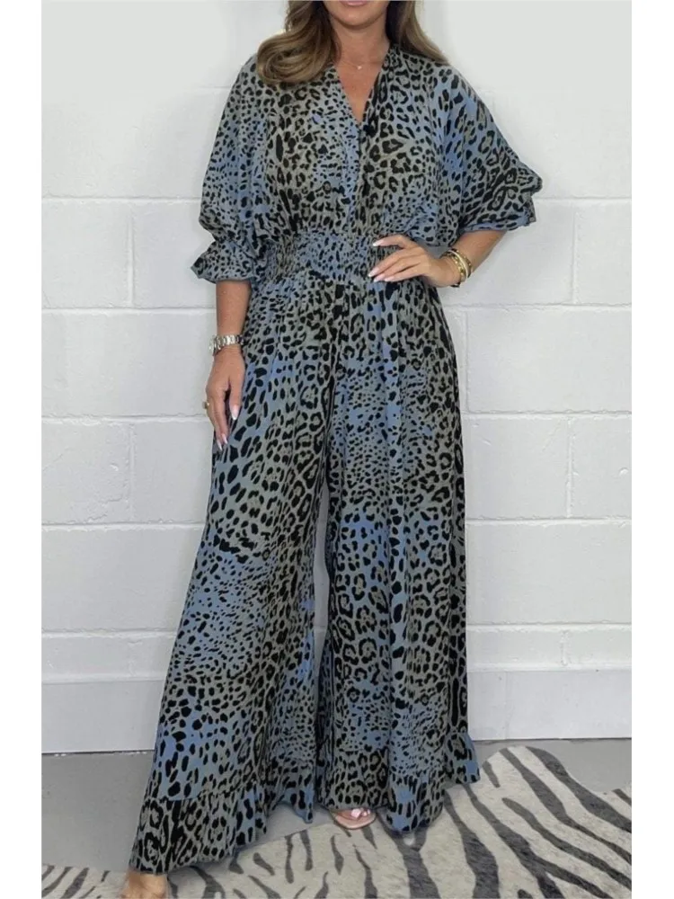 Women Jumpsuit V Neck Leopard Print Wide Leg Mid Sleeve Ruffle Jumpsuit 2024 Summer Loose High Waist Full Length Lady Jumpsuit