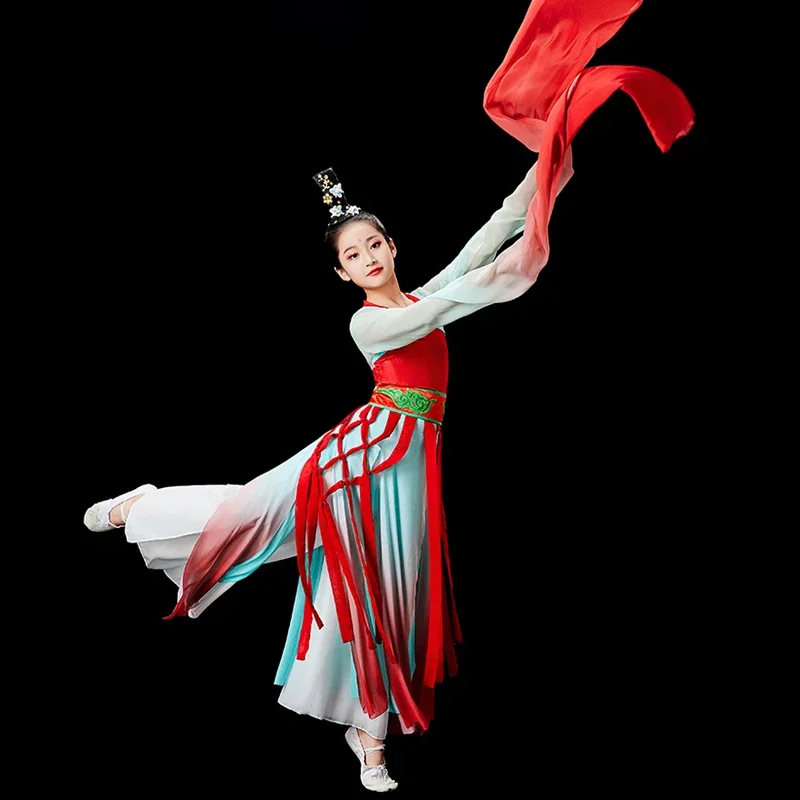 

Детский национальный танцевальный костюм с зонтиком для фанатов, элегантный детский костюм для народного танца для девочек, древнее танцевальное платье ханьфу