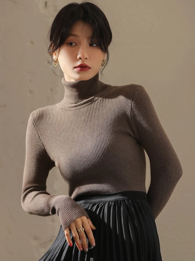 

2025 Autumn Winter Clothes Knitted Turtleneck Women's Sweater Korean Version Slim Long Sleeve Solid Simple Basic Knit Pullovers