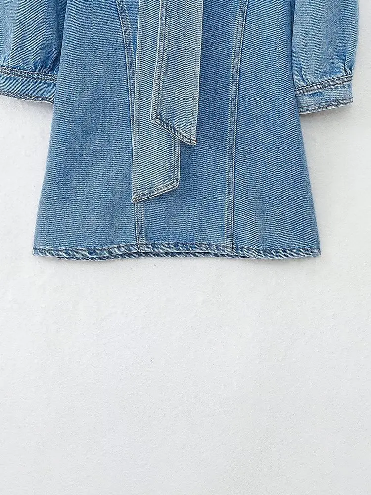 Withered Fashion Ladies Elegant Blue Bow Short Sleeve Casual Denim Tops Women Summer French Denim Shirt