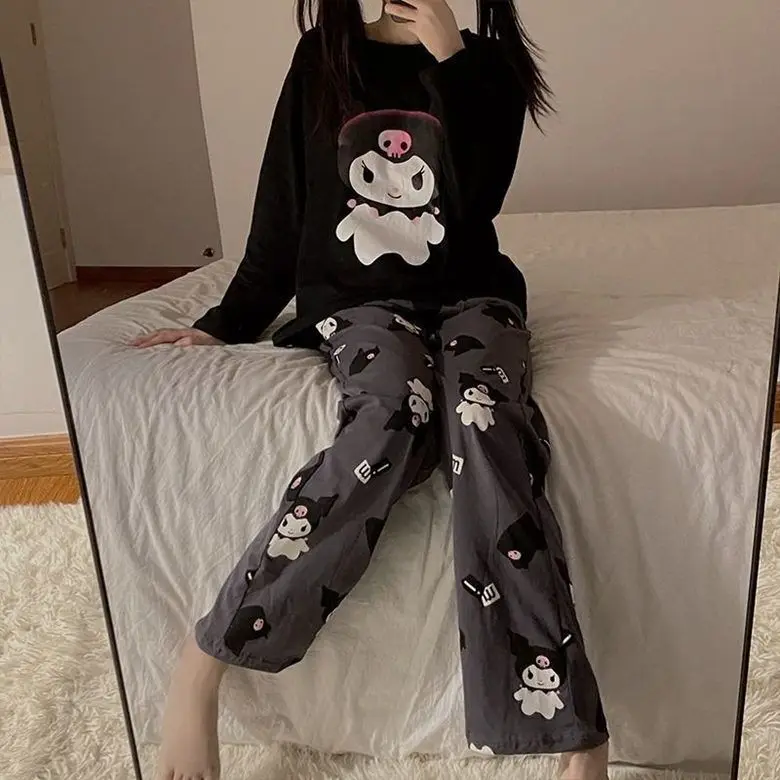 Sanrio Kawaii Hello Kitty Printed Long-sleeved Pyjamas Kuromi Anime Cartoon New T-shirt and Trousers Loungewear Set Casual Suits