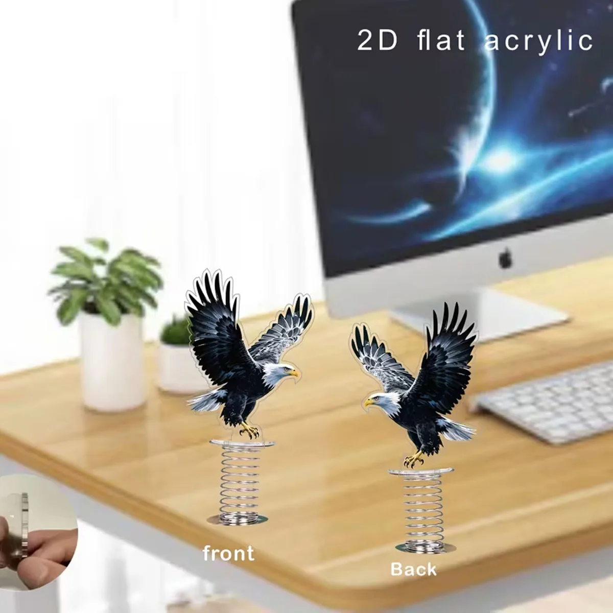 2D Flat Bald Eagle Spring Shake Wobble Ornament, Car Dashboard Creative Figurine, Home Office Decor Gift