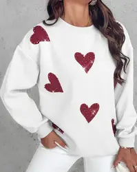 Elegant Women's Hoodie Autumn New Casual O-Neck Fashion Simple Pullover Heart-Shaped Rhinestone Print Long Sleeved Sweatshirt