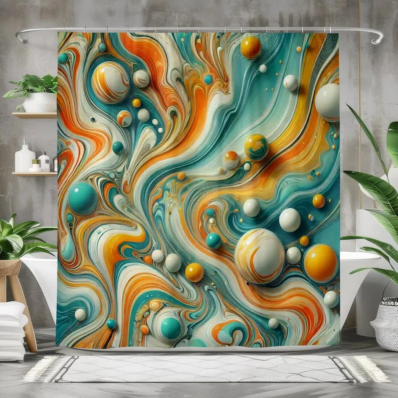 Abstract Swirl Shower Curtain with 3D Spheres, Modern Teal and Orange Bathroom Decor, Colorful Fluid Art Polyester Curtain