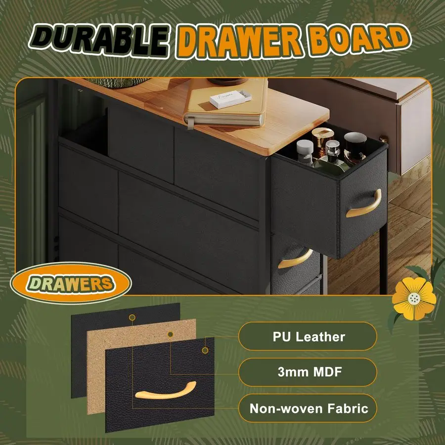 Torre de armazenamento de cômoda com 5 gavetas, cômoda fina com estrutura de aço, tampo de madeira, cômoda para quarto, banheiro,