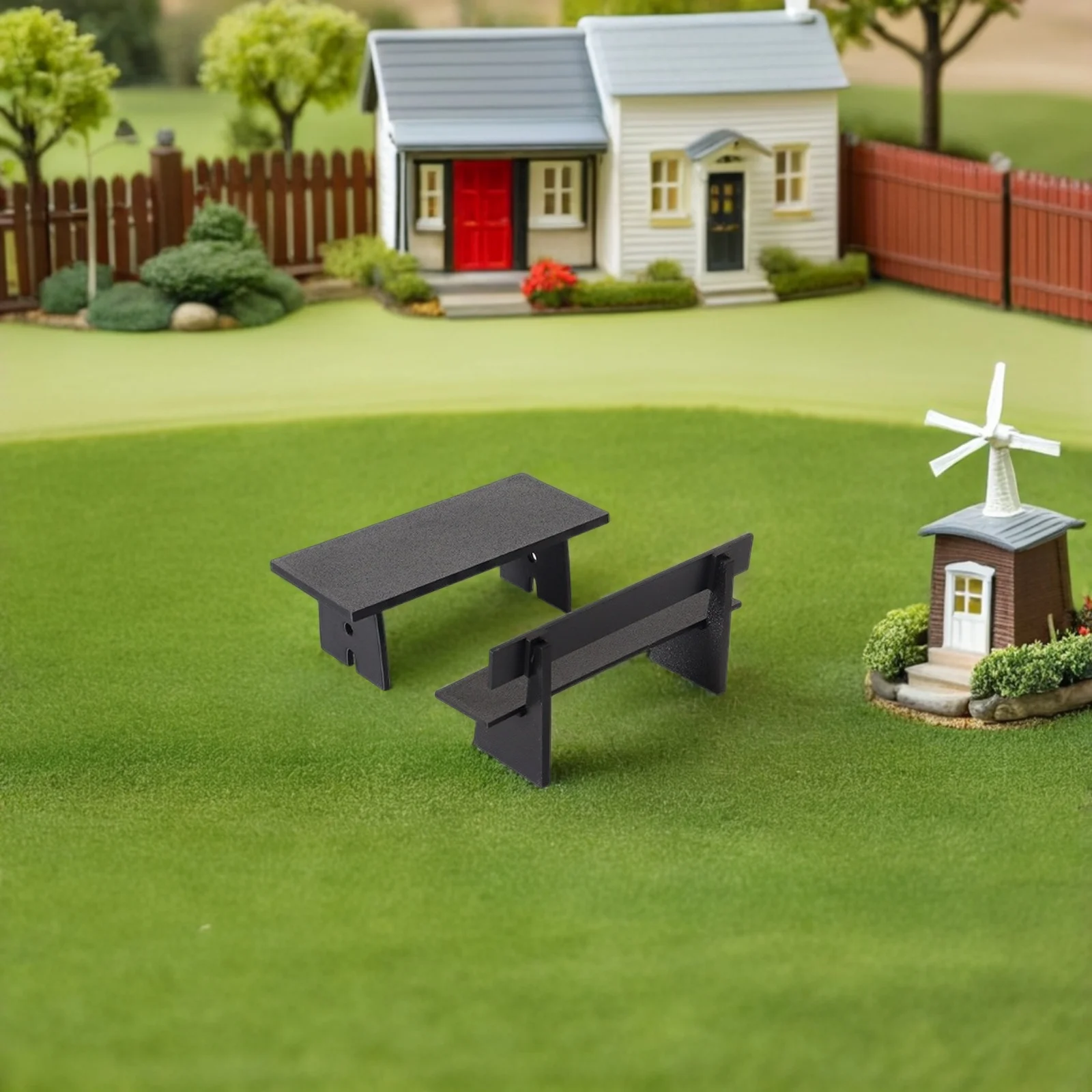 

3Pcs Miniature Furniture Set Elegant Black Table with Chairs and Bench for Mini House Decor Garden Park Craft DIY Scenery