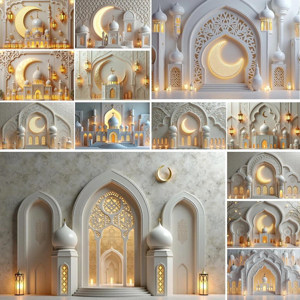 

MOON.QG Ramadan Themed Banner Backdrop Cloud Mosque Colorful Lanterns Backgrounds For Photographs Studio Accessories Banner Wall