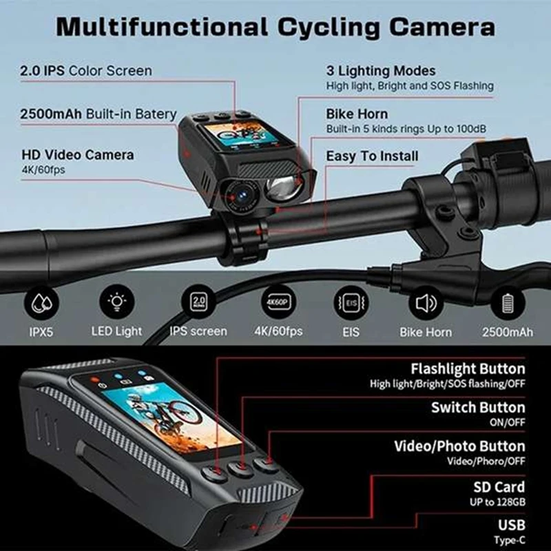 A73E-4K 60FPS Multifunctional Cycling Camera Rainproof 2.0 Inch IPS Screen Wifi Connection With LED Flashlight Bike Horn