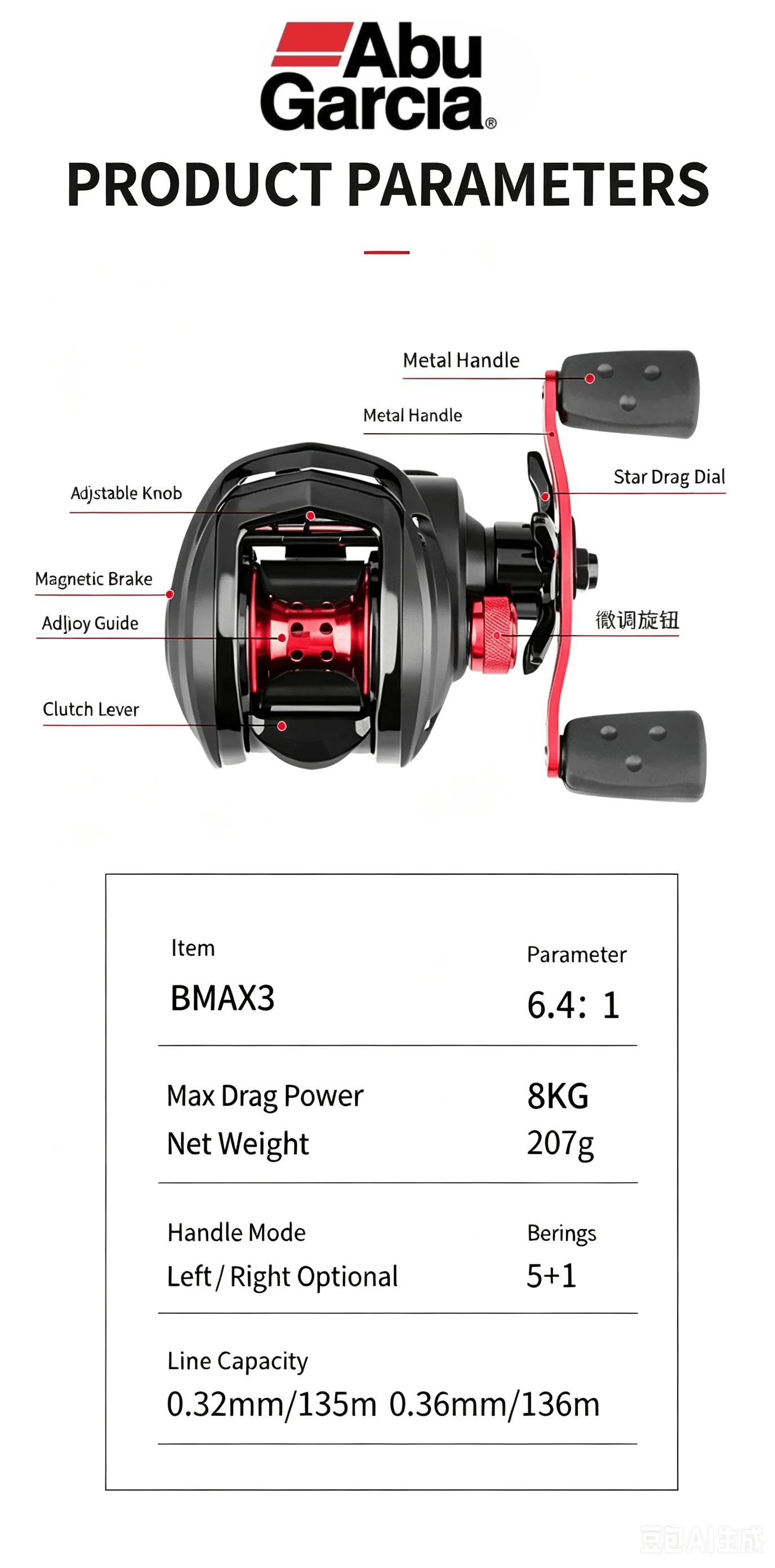 Abu Garcia BLACK MAX3 Low-Profile-Baitcast-Waterdrop-Rad, Vollmetall-Spule, Weitwurf-Anti-Explosions-Schnur, Sub-Fishing-Rad – Detail 2