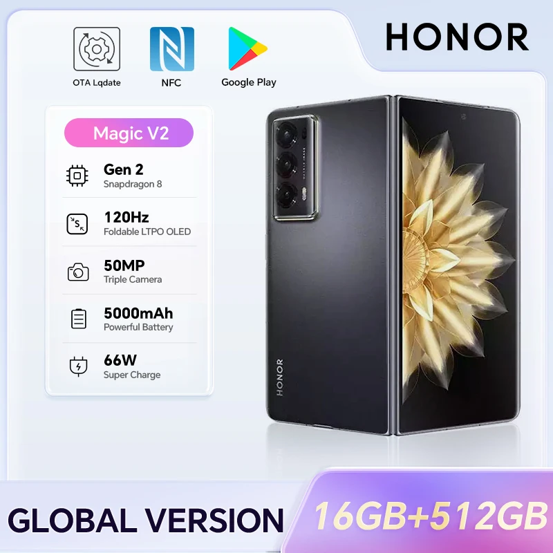 HONOR Magic V2, 16GB+512GB, 7.92” Foldable Screen, 5G, Dual SIM, 50MP Triple Camera, Fast Charging, Android SmartPhone