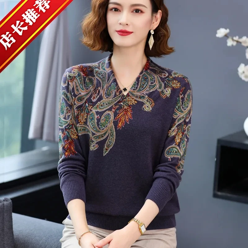 2024 Middle-Aged And Elderly Mothers Wear Printed Sweater Tops Autumn Winter New Spring And Autumn Knitted Bottoming Shirts