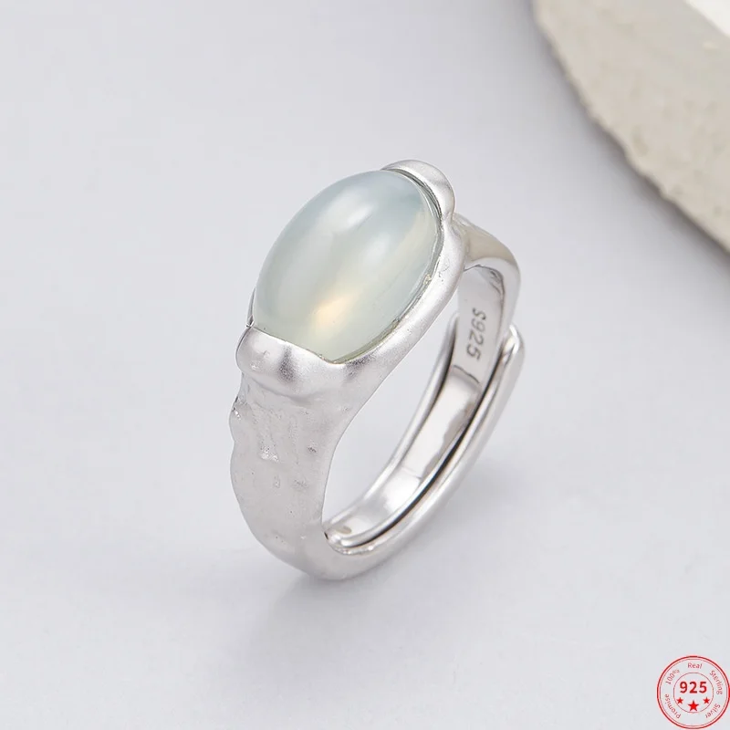 

S925 Sterling Silver Rings for Women Men Irregular Texture Pattern Inlaid Natural Moon Stone Fashion Punk Jewelry Wholesale