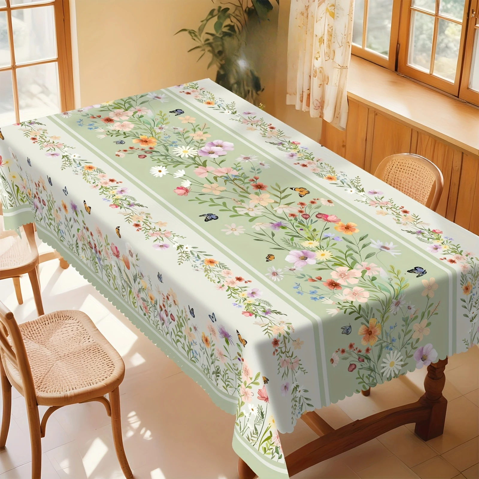 Spring Watercolor Flower Tablecloth Holiday Party Decor Summer Green Floral Butterfly Print Dining Tablecloth Wedding Decoration